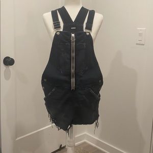 Hudson black distressed front zip overall shorts